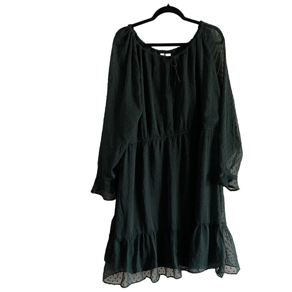 H & M Divided Women Plus 3XL Green Swiss Dot Sheer Long Sleeve Blouson Dress NWT